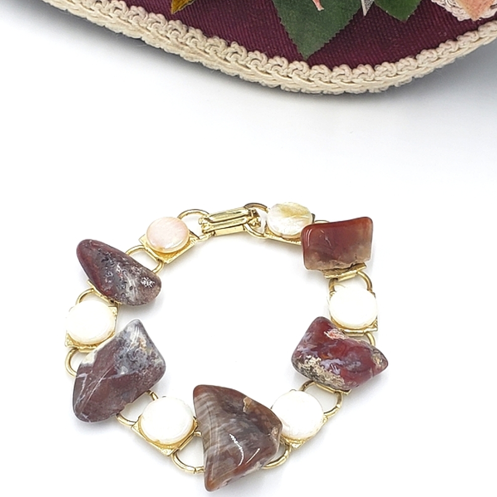 Naturally Mottled Red Jasper Stone & Mother of Pearl Linked Gold Tone Bracelet